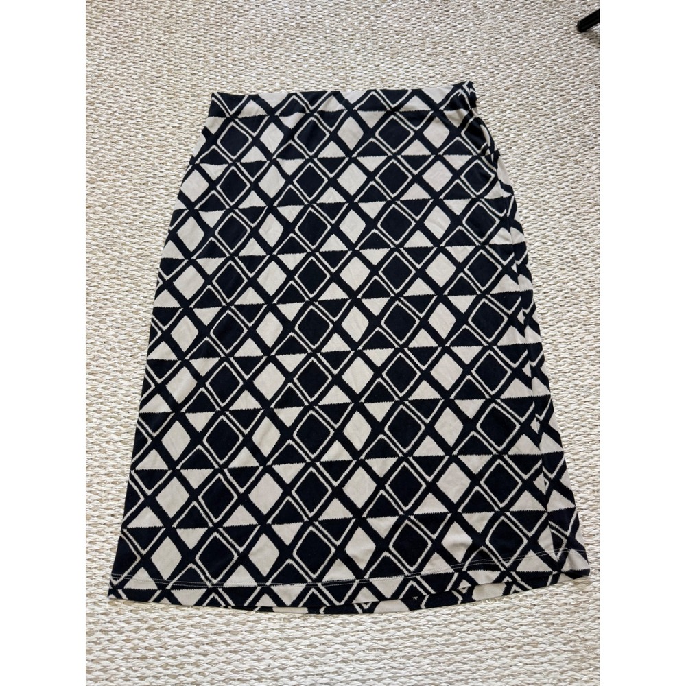 The Limited Womens 100% Silk Midi Skirt Black Cream Geometric Print pencil Y2K M